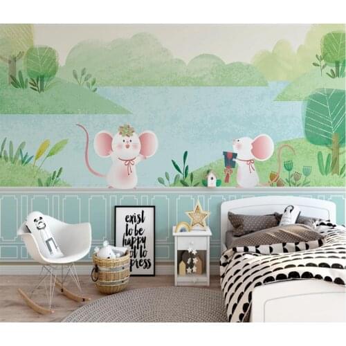 Custom cartoon blue green landscape woods childrens room background wall painting wallpaper