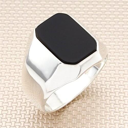 Plain 925 Carat Sterling Silver Ring Original With Black Stone Natural Onyx For Mens Handmade Turkish Jewelry
