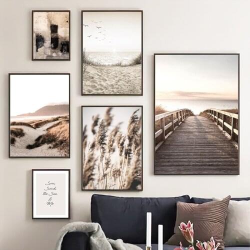 Modern Nature Scenery Canvas Painting Grass Bridge Beach Sunset Landscape Wall Art Poster Scandinavian Print Pictures Home Decor
