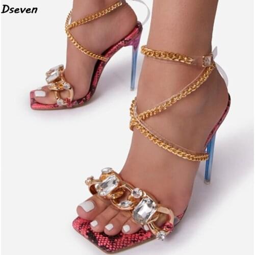 Nightclub Style Stiletto High Heel Rhinestone Cross Chain Square Toe Ladies Sandals Plus Size Sexy Bling Womens Shoes Sandals