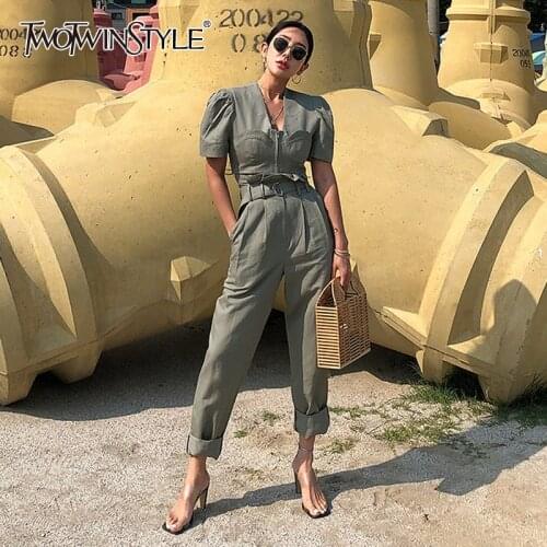 TWOTWINSTYLE Casual Two Piece Set For Women V Neck Short Sleeve Tops High Waist Sashes Harem Pants Female Sets 2021 Fashion New