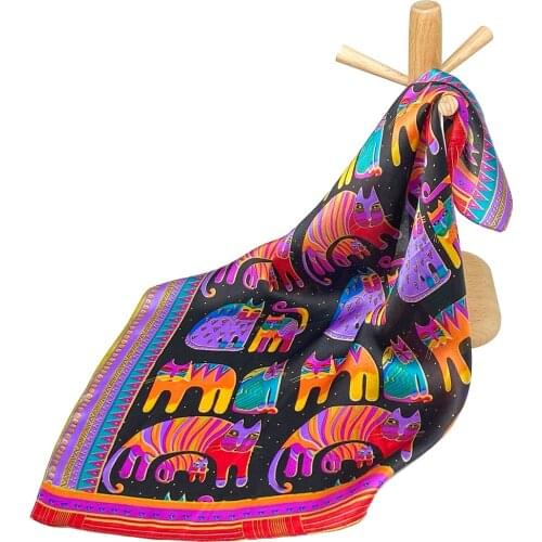 Cat Print Pure Silk Scarf Women Bandana Handkerchief Female Hair Scarf Womens Natural Silk Square Headband Top Head Neck Scarf