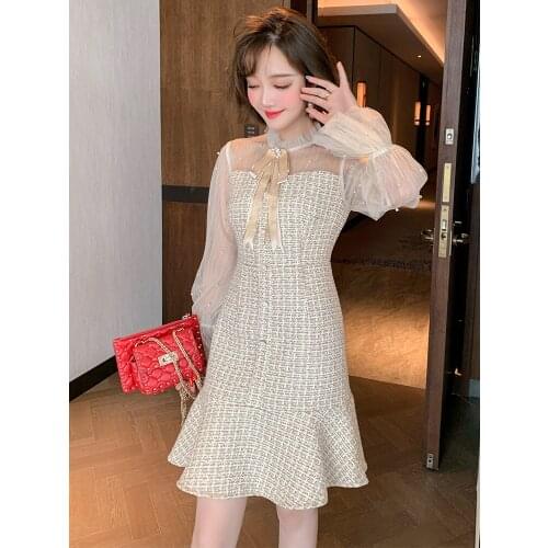 Ladies temperament mesh stitching tweed flared sleeve ruffle dress womens 2020 autumn new