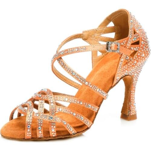 Modern Satin Rhinestone Latin dance shoes Professional Ballroom Soft Sole Dancing Shoes for Women Girls Ladies Heel 7.5/9cm A147