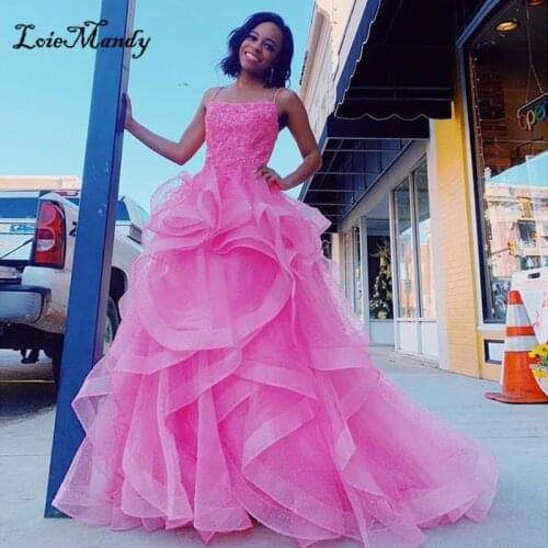 Elegant Tiered Tulle Prom Dresses Long 2021 Pink Applique Lace Dress for Graduation Formal Evening Gown Rochii Robe de soiree