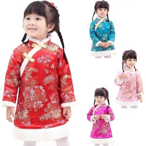 Chinese Spring Festival Baby Girls Dress Coat Thick Quilted Winter Girl Clothes Chi-pao Dresses Children Cheongsam Qipao Jackets