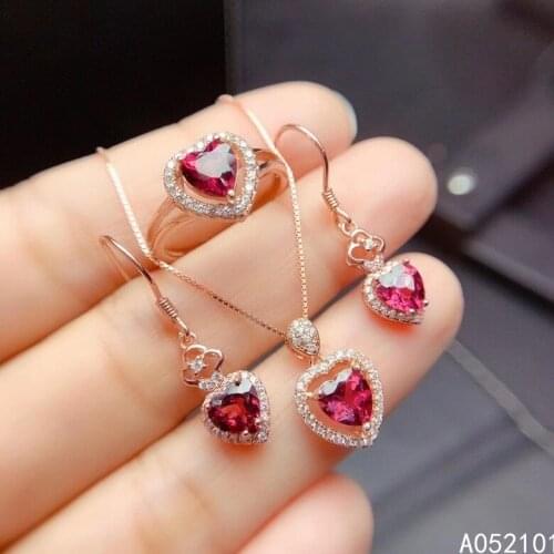 KJJEAXCMY fine Jewelry 925 sterling silver inlaid natural Garnet girl luxury pendant ring earring set support test with box