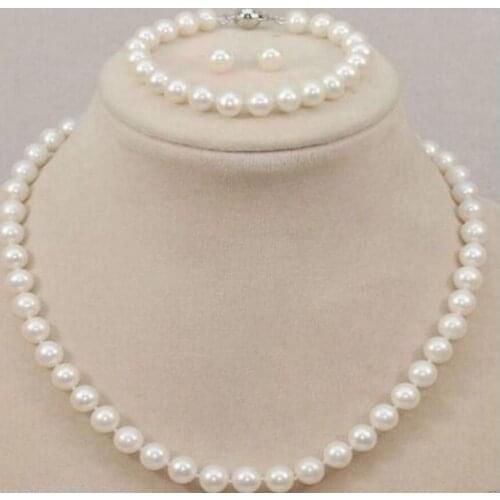 New hot 8-9mm Genuine Natural Freshwater White Pearl Necklace Bracelet Earring Set