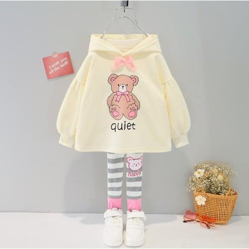 Girls Autumn New Hooded Cartoon Bear Jacket + Striped Pants Cute Casual Childrens Suit 6 Months-3 Years Old