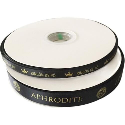 Custom Gold Foil Printed Logo Black Satin Ribbon Roll For Gift Packing