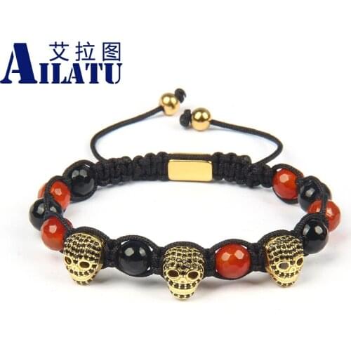 Ailatu Fashion Black Cz 3 Skulls Macrame Bracelets with 8mm Natural Faceted Onyx Stone Beads Provide Logo Service