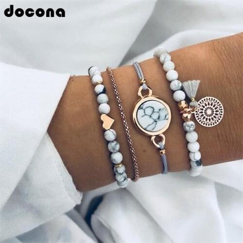 Docona Bohemian Rhinestone Tassel Bracelet Set Geometric Hollow Flower Adjustable Bracelets Bangle Sets Party Jewelry 6905