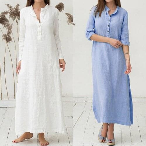 Autumn Elegant Dress Womens Kaftan Cotton Long Sleeve Plain Casaul Dress Oversized Maxi Long Shirt Dress Vestido De Mujer @40