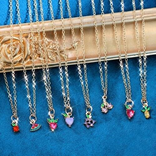 JJFOUCS Sweet Gold Color Fruit Pendant Necklace Fashion Apple Strawberry Cherry Grape Crystal Necklace Trendy Girls Jewelry Gift