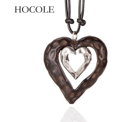 HOCOLE 2018 New Women Heart Pendant Wood Necklace Long Double Sandalwood Necklaces for Women Jewelry Collares Mujer Bijoux Femme
