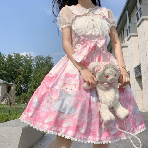 Lolita Dress Sweet Pink Purple Nurse Bear Jsk Straps Dress Girls Day Dress