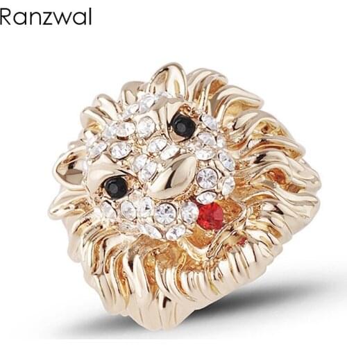 Ranzwal Fashion Gold Lion Rings for Women Luxury Full Rhinestones Ring Statement Jewelry US SIZE 6~9