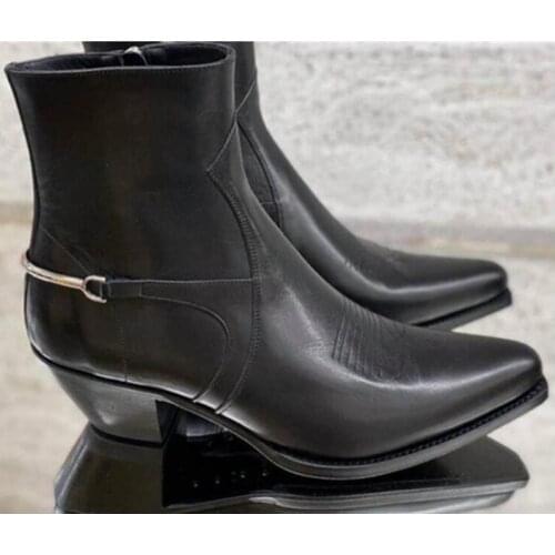 Exclusive handmade genuine leather metal hook personalized Pionted Toe Boots wedge zipper catwalk Boots