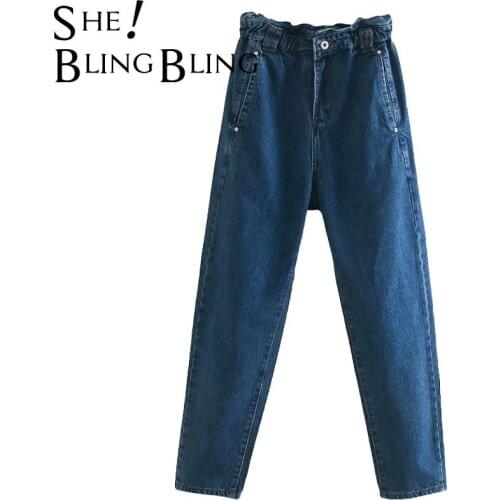 SheBlingBling 2021 Fashion Women Loose Harm Jeans Pants Long Trousers Strethy Waist Pockets Buttons Female Denim Pants 4 Color