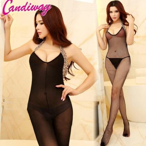 Sexy BodyStocking Costumes Lingerie crotchless leopard halter Sleepwear fishnet Underwear Women Slips Teddy Pajamas sex toy