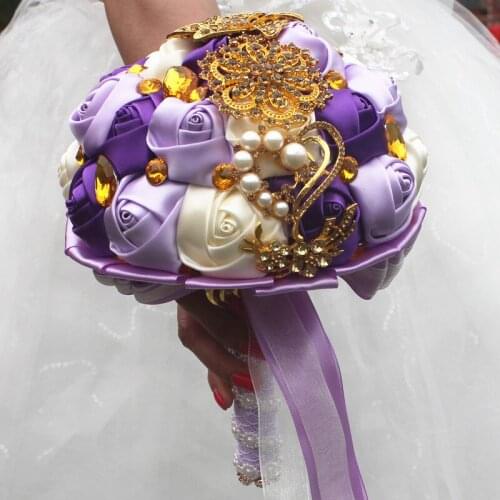 Handmade Vintage Bridal Bridemaids Bouquet Purple Satin Rose Flowers Golden Rhinestone Brooch Wedding Bouquets Floral Decorative