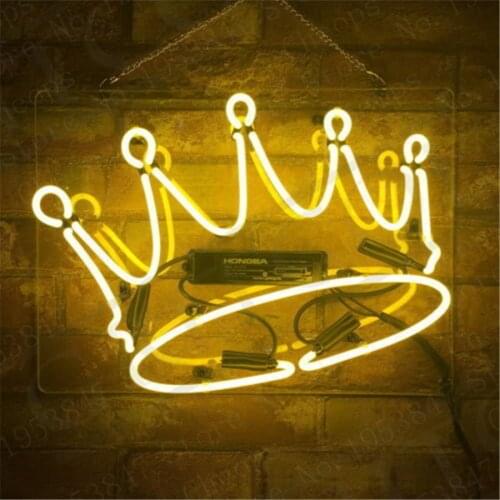 Yellow Crown Gift Neon Signs Real Glass Tube Open Beer Bar Pub Homeroom Girlsroom Party Decor 14x9