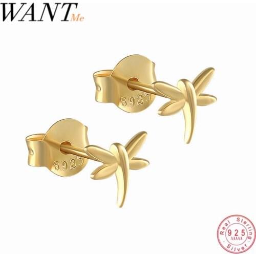 WANTME Cute Mini Golden Dragonfly Stud Earrings for Women Genuine 100% 925 Sterling Silver Minimalist Animal Jewelry Accessories
