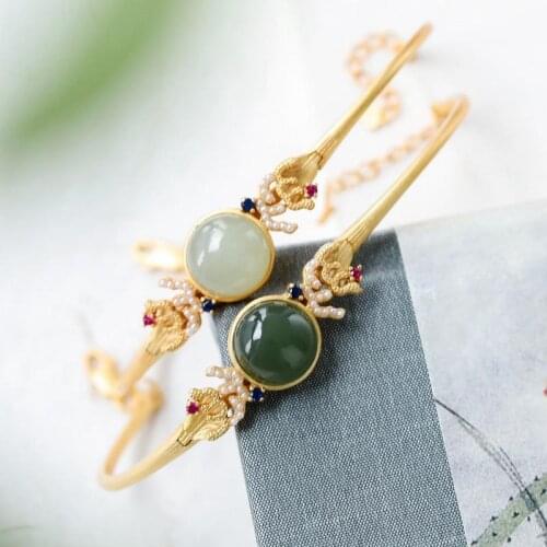 Sansheng Sanshi Girlfriends S925 Sterling Silver Jasper Bracelet Natural Hetian Jade Gray Jade Bracelet Bracelet Design Ornament