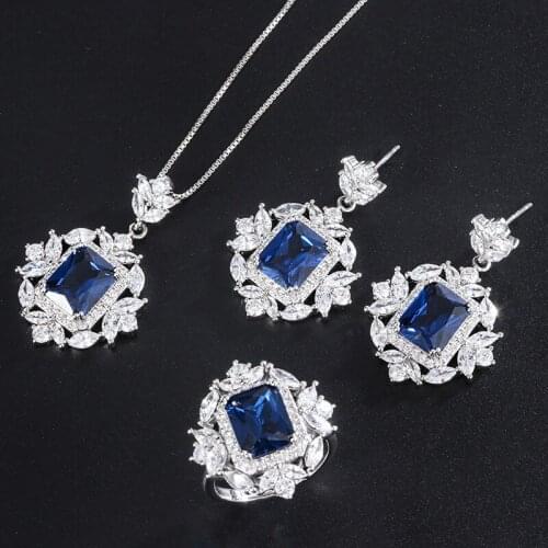 Color sapphire imitation Tanzanian sapphire retro womens sweet wedding ring earrings necklace jewelry best gift