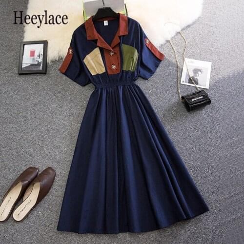 Plus Size Office Ladies Elegant Vintage Dresses Summer Short Sleeve pocket patchwork Korean Casual High Waist A-line Vestidos