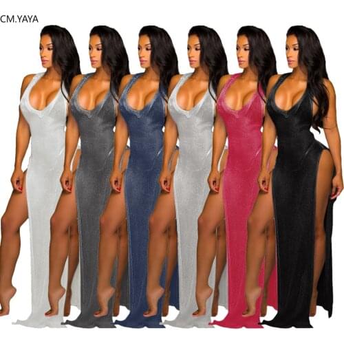 CM.YAYA Women Beach Sexy High Split Elastic Sleeveless V-neck Tank Maxi Slim Bodycon Dress Party Night Club Long Dresses Vestido