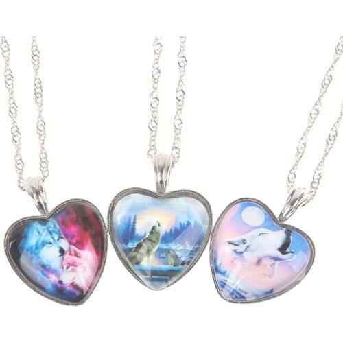 Silver Women Animal Wolf Heart Necklace Natural Crystal Pendant Gifts Female Charm Jewelry