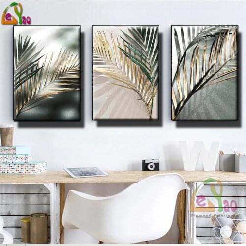 5D Diy Diamond Painting Nordic Wall Art Golden Palm Leaf Plant Art Painting Full Square Round Diamond Mosaic Picture Home Decor