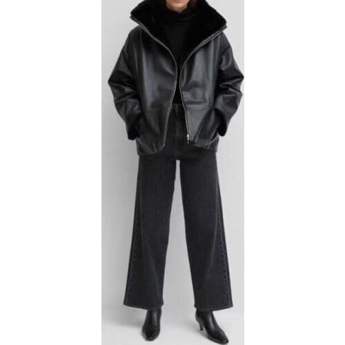 [ElfStyle] - Black annecy cropped reversible leather jacket Faux Fur Lining Zipper Front Short Oversized Coats 2019FW