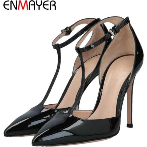 ENMAYER Patent Leather T-Strap Buckle Strap Elegant Pointed Toe High Heels Sandals Women Wedding Shoes Sewing Womens Shoes 34-43
