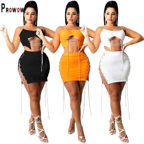 Prowow Sexy Women Clothing Set Corset Top Chain Bandage Skirt Hollow Out Two Piece Matching Suits 2021 New Summer Female Costume