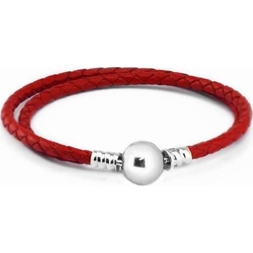 Red Double Leather Bracelet Genuine 925 Sterling Silver Round Clasp Bracelets for Women DIY Charms Jewelry Making pulseras