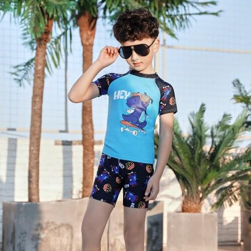 New Fashion Boys Swimsuit Kids Cartoon Print Swim Trunks + Swimsuit + Swimming Cap Three-piece Children Swimwear Suits F