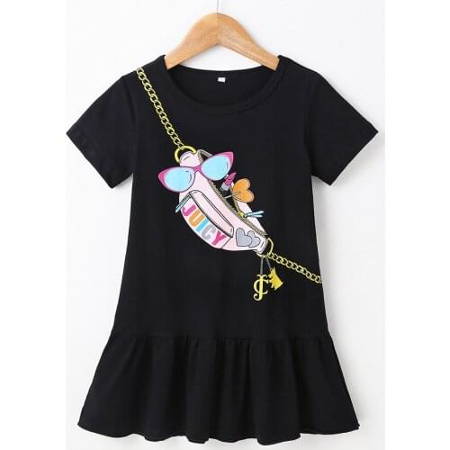 LUCKKIDS 2021 Girl Dress T-Shirt Suit Printing Swag Getto Cool Girl All Black Skirt Outfit Casual Birthday Gift 2-6T