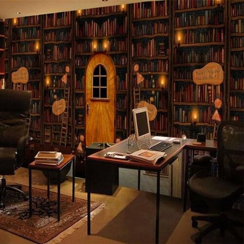 Custom Mural Wallpaper European Style Retro Bookshelf Library Study Background Wall Decor Papel De Parede 3 D Sala Wall Papers