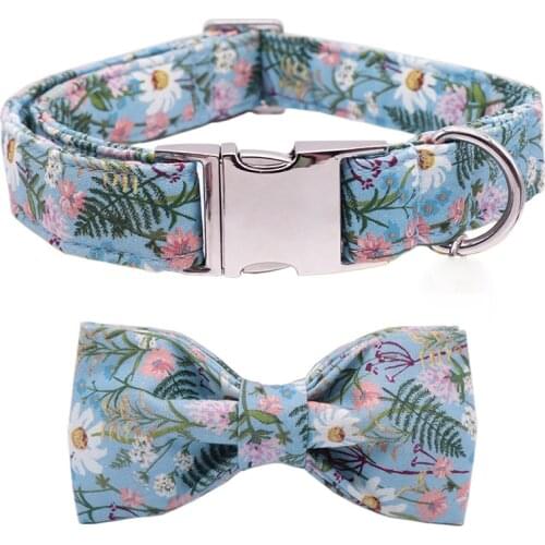 Blue Flower Daisy Dog Collar And Leash Set With Bow Tie Cotton Dog &Cat Pet Necklace Adjustable Buckle For Pet Christmas Gift