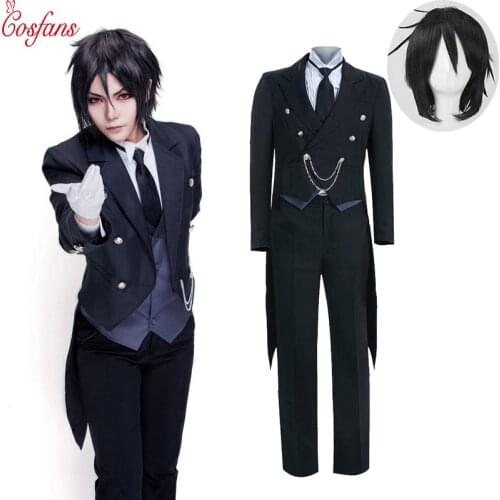 New Anime Black Butler Kuroshitsuji Sebastian Michaelis Cosplay Costume Black Uniform Outfit Halloween Costumes wig Women Men