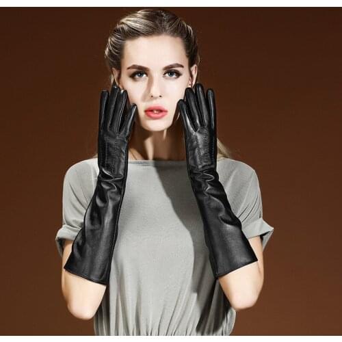 Real Leather Gloves Female 50cm Long Touchscreen Sheepskin Plus Velvet Thicken Warm Arm Sleeve Womans Gloves Black CK04