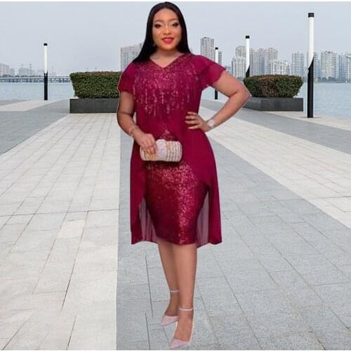 African Plus Size Dresses For Women Sexy V-collar Short Sleeve Knee Length Mini Dress Red Style Fashion Design Ladies Vestidos