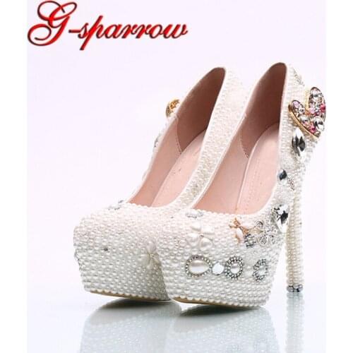 Handmade White Pearl Bridal Dress Shoes Heart Shape Crystal Wedding Shoes Women High Heel Platform Pumps Bridesmaid Shoes