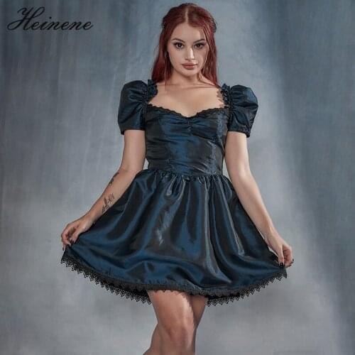 Heinene Gothic Harajuku Black Mini Dress Vintage Elegant Puff Short Sleeve High Waist Mini Dress Goth Lolita Backless Partywear