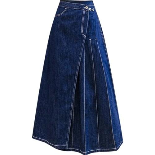 2021 summer high waist sittching denim pleated skirt women high waist mid calf big swing skirt