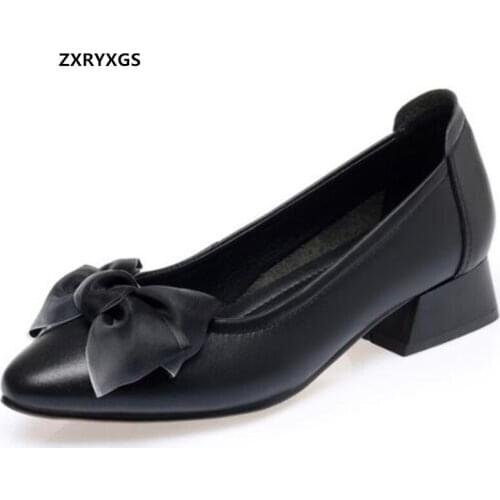 2021 New Fashion Sweet Bowknot Pointed Shallow Mouth Women Genuine Leather Shoes Thick with Low Heels Large Size Trendy Shoes