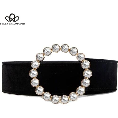 Bella Philosophy Women Pearls O-Ring Buckle Belt Vintage Velvet Wide Belt for Women Dress Fashion Accessories