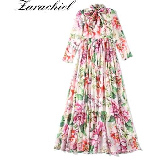 Runway Holiday Out Maxi Dresses Fall Women Long Sleeve Floral Print Sashes Pleated Boho Big Swing Chiffon Long Dresses + Scarf